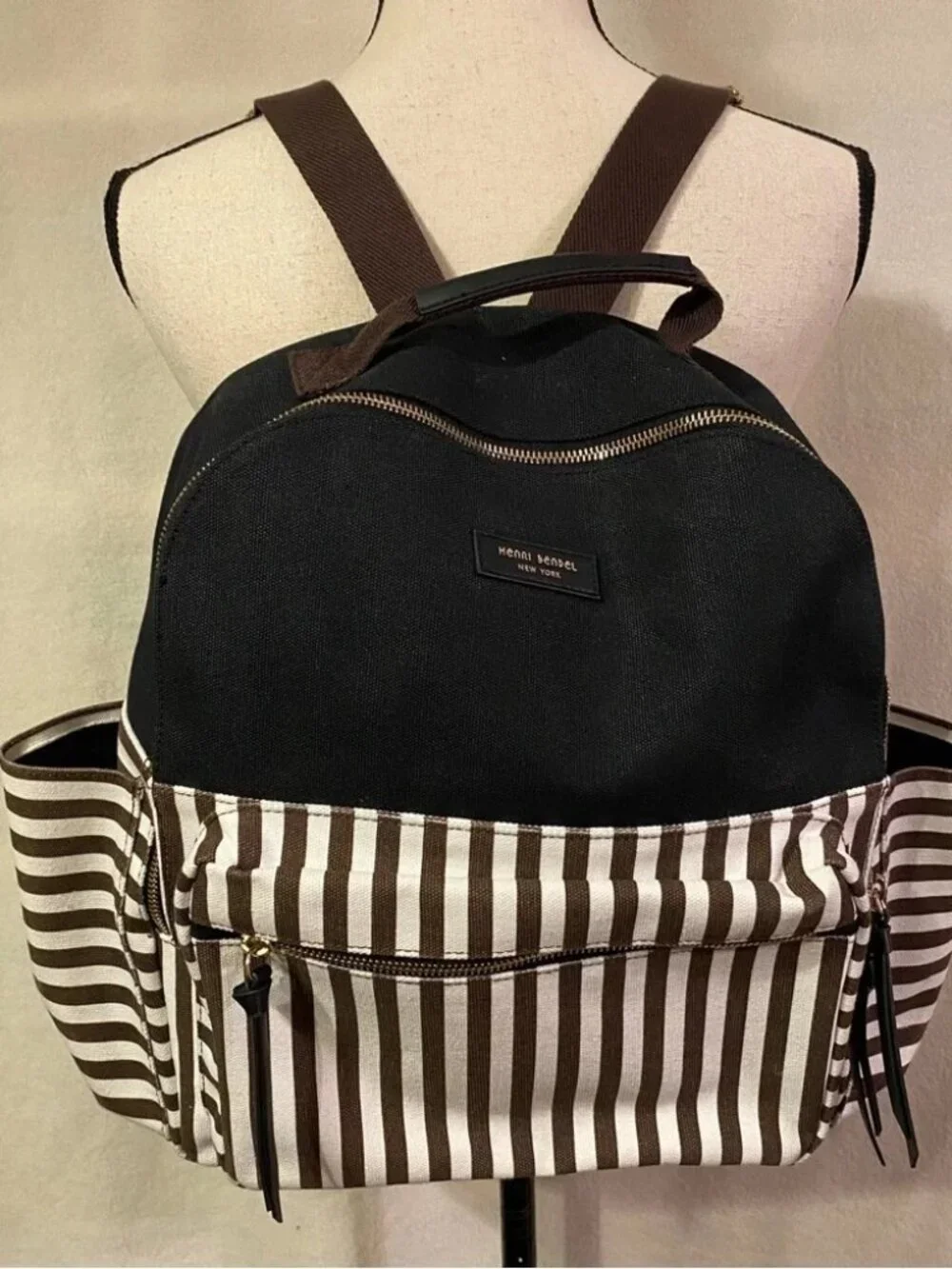 Henri Bendel black white brown striped canvas backpack large